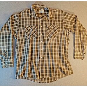 Vtg 70s Sears Perma-Prest Plaid  2XL Tall Pearlized Button Brown Tan Long Sleeve
